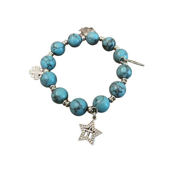 Beaded Stretch Silvertone Fish Feather Star Jerusalem Cross Bracelet Blue NWOT - Picture 5 of 12